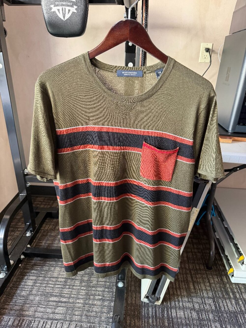 Scotch & Soda Men’s Olive Striped Knit Pocket T-Shirt XL Merino Wool Cotton